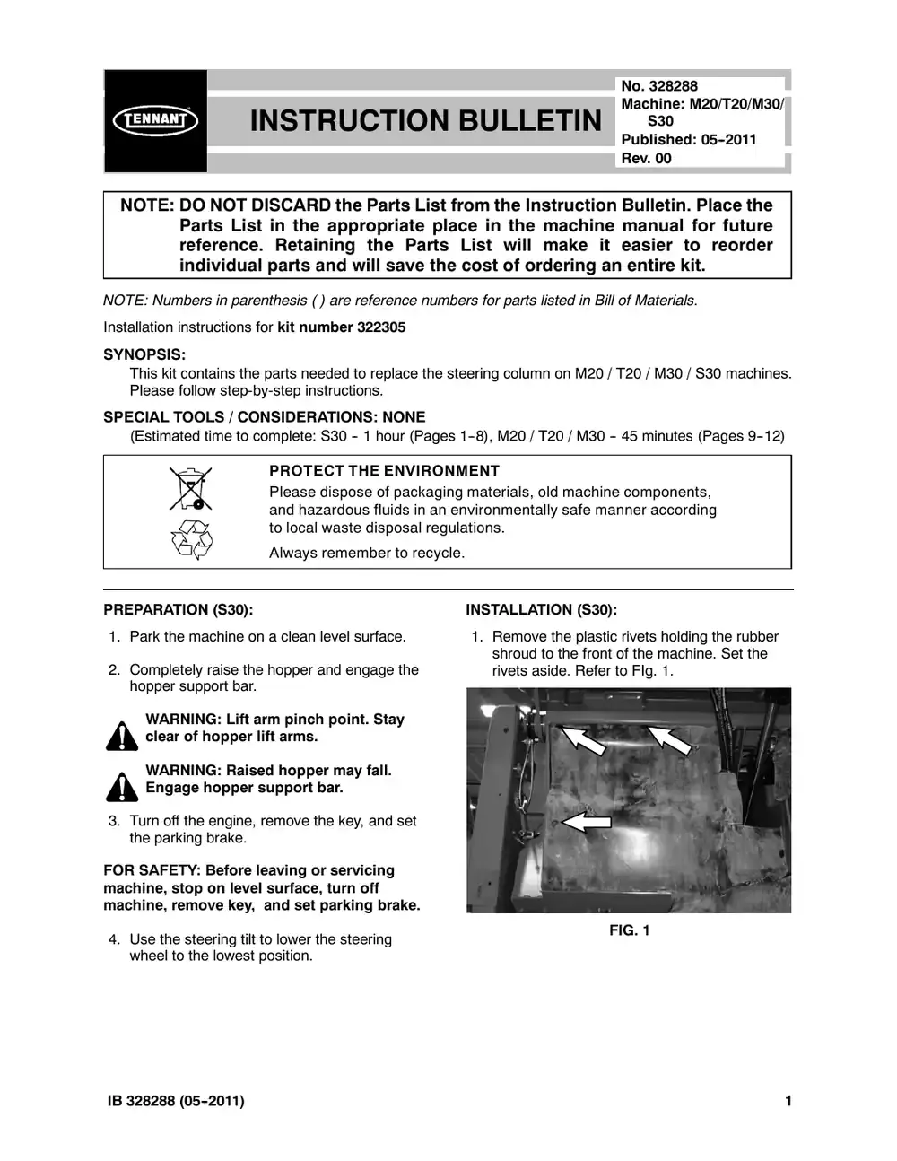 Tennant M20 instruction bulletin 328288, page 1 of 12