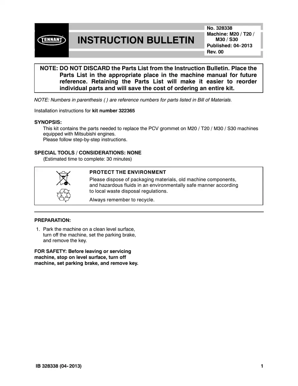 Tennant M20 instruction bulletin 328338, page 1 of 4