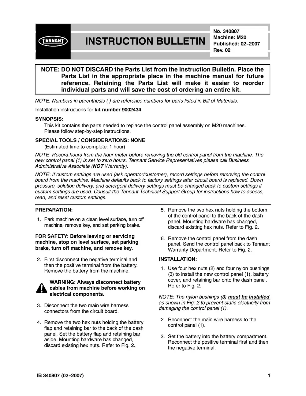 Tennant M20 instruction bulletin 340807, page 1 of 3
