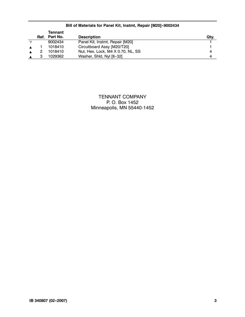 Tennant M20 instruction bulletin 340807, page 3 of 3