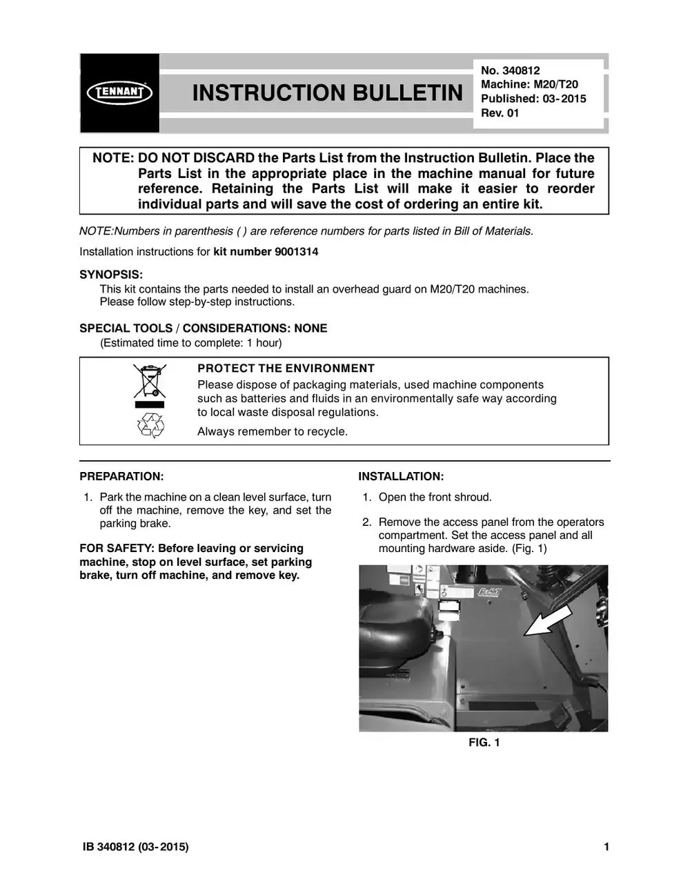 Tennant M20 instruction bulletin 340812, page 1 of 5
