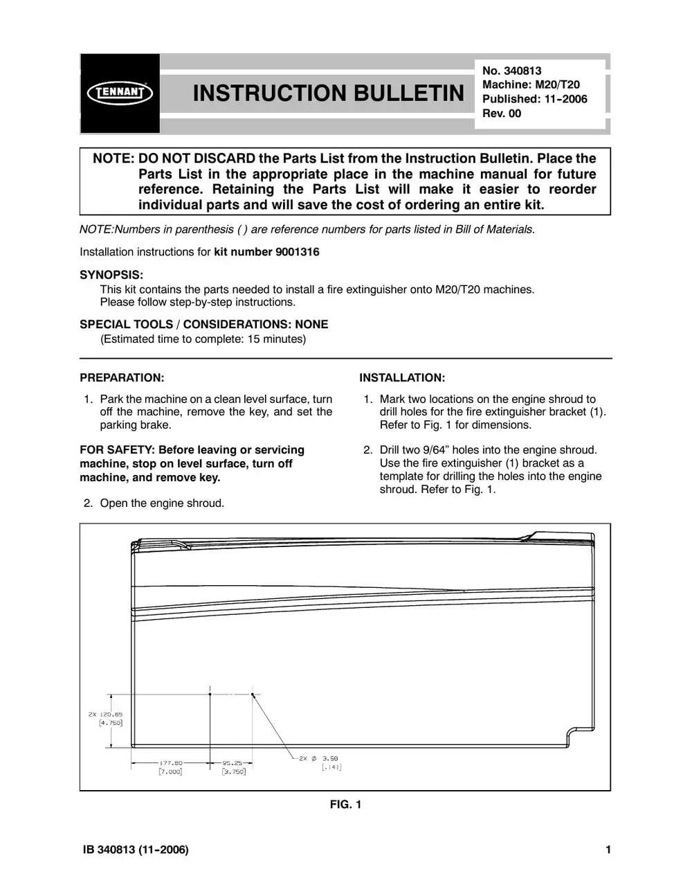 Tennant M20 instruction bulletin 340813, page 1 of 2