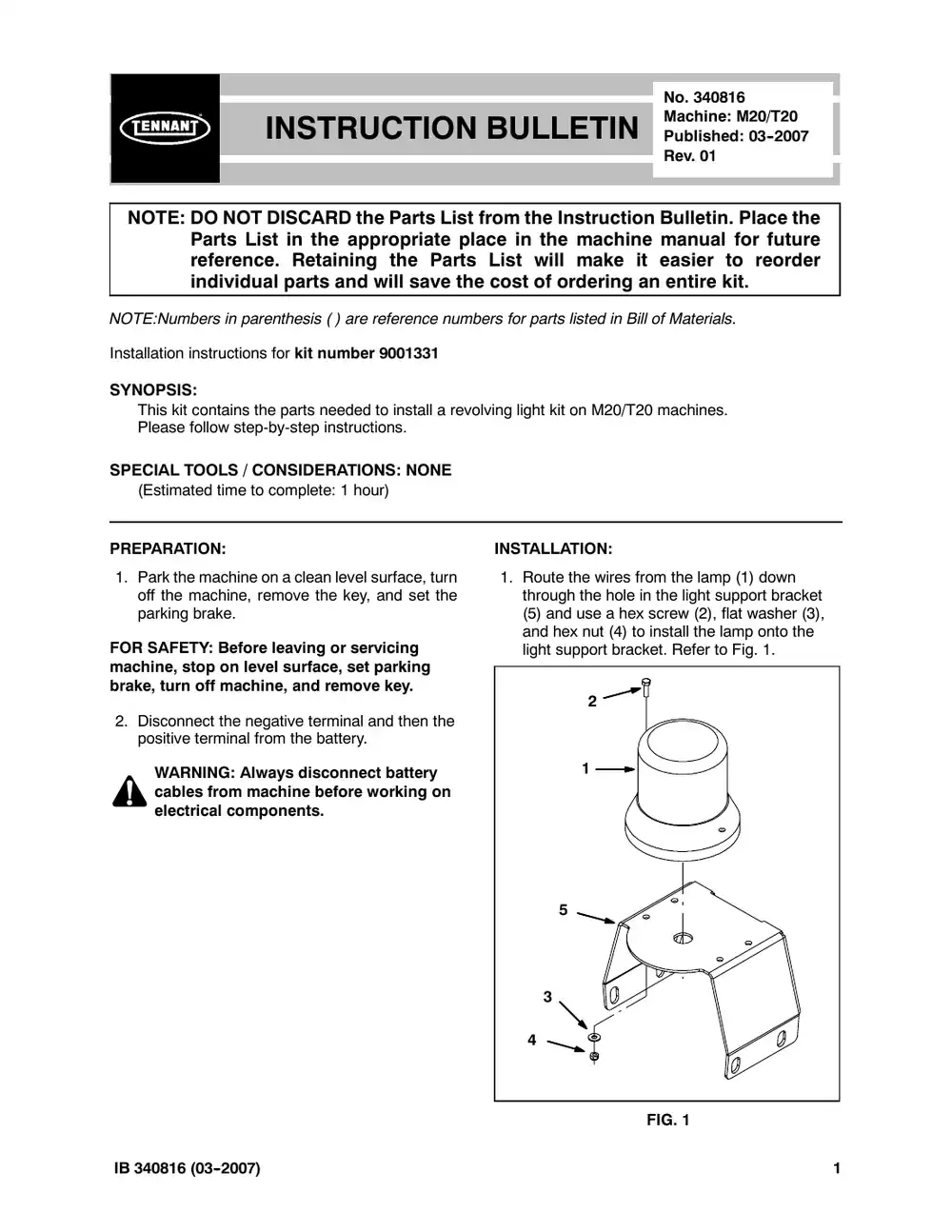 Tennant M20 instruction bulletin 340816, page 1 of 4