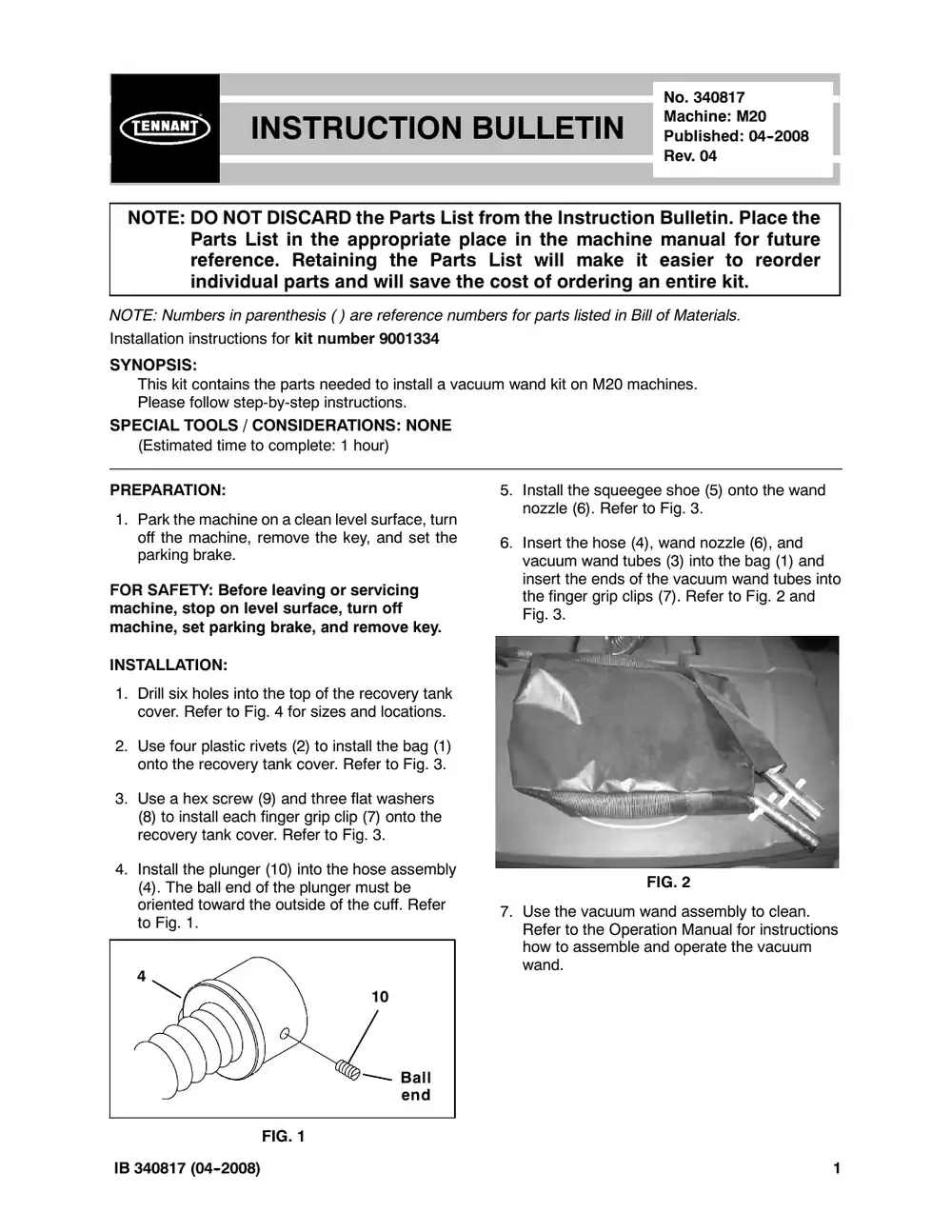 Tennant M20 instruction bulletin 340817, page 1 of 3