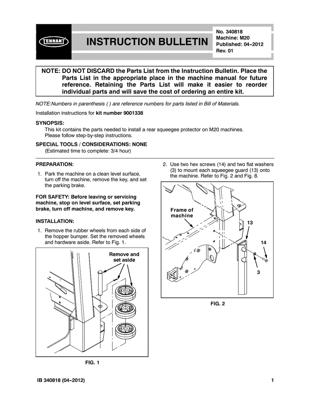Tennant M20 instruction bulletin 340818, page 1 of 4