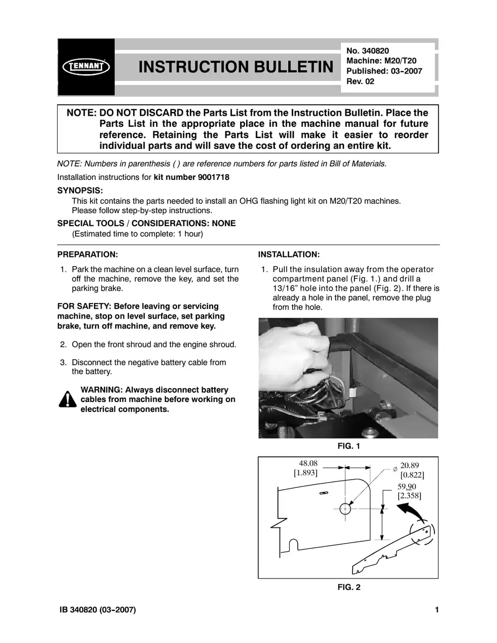 Tennant M20 instruction bulletin 340820, page 1 of 5