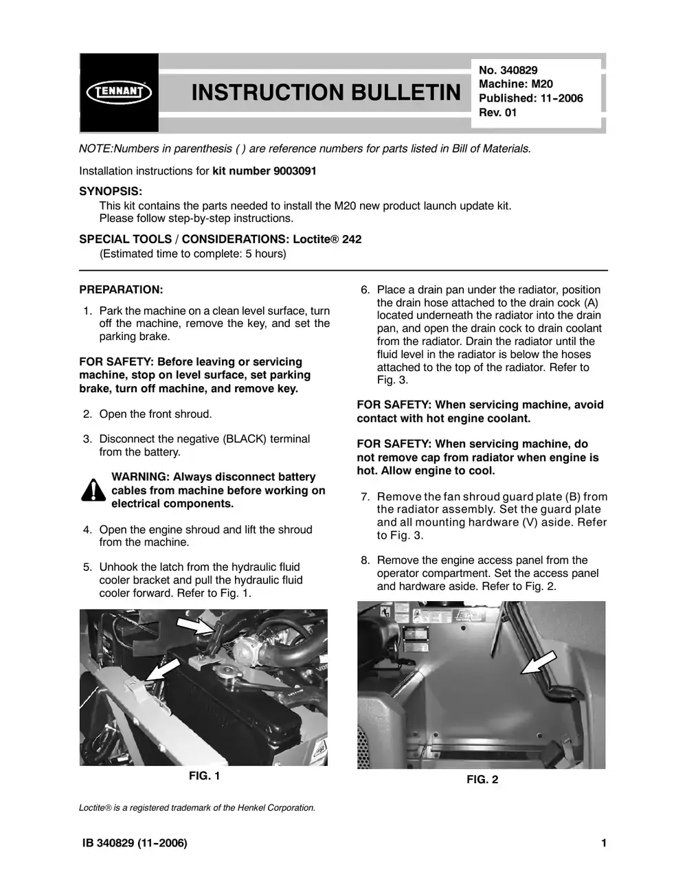 Tennant M20 instruction bulletin 340829, page 1 of 10