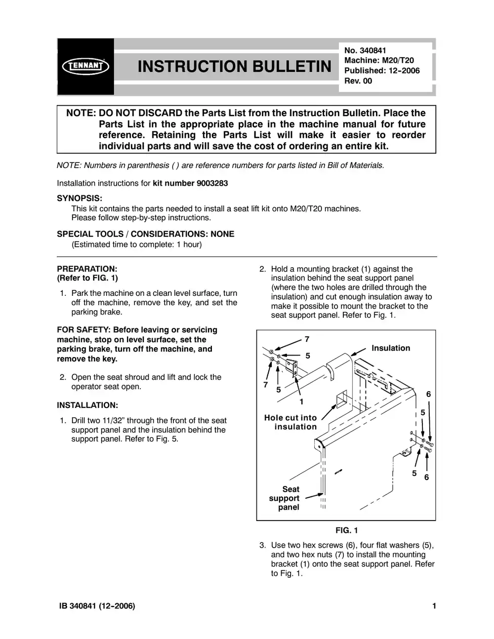 Tennant M20 instruction bulletin 340841, page 1 of 4