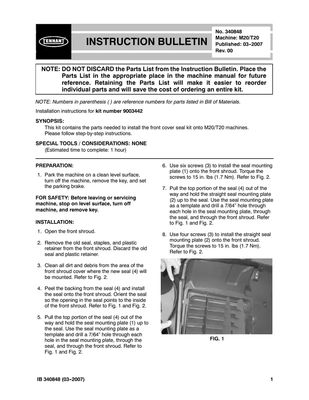 Tennant M20 instruction bulletin 340848, page 1 of 2
