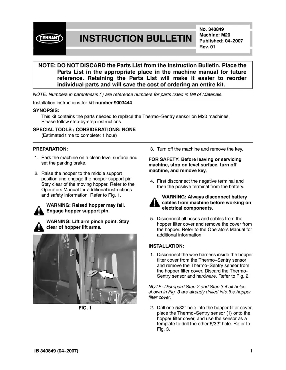Tennant M20 instruction bulletin 340849, page 1 of 4
