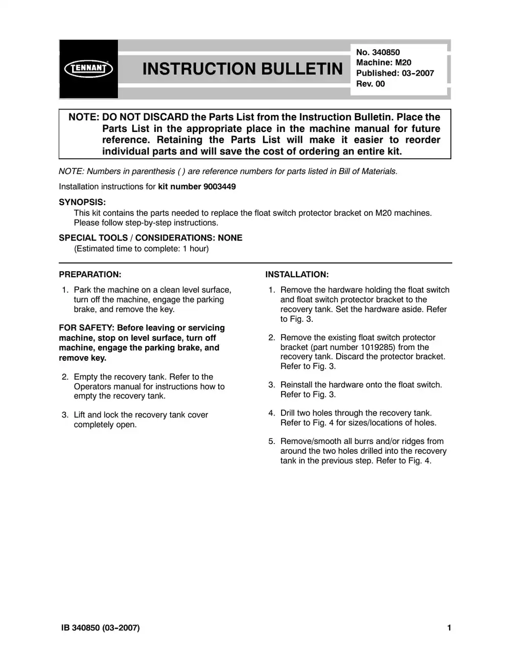 Tennant M20 instruction bulletin 340850, page 1 of 3