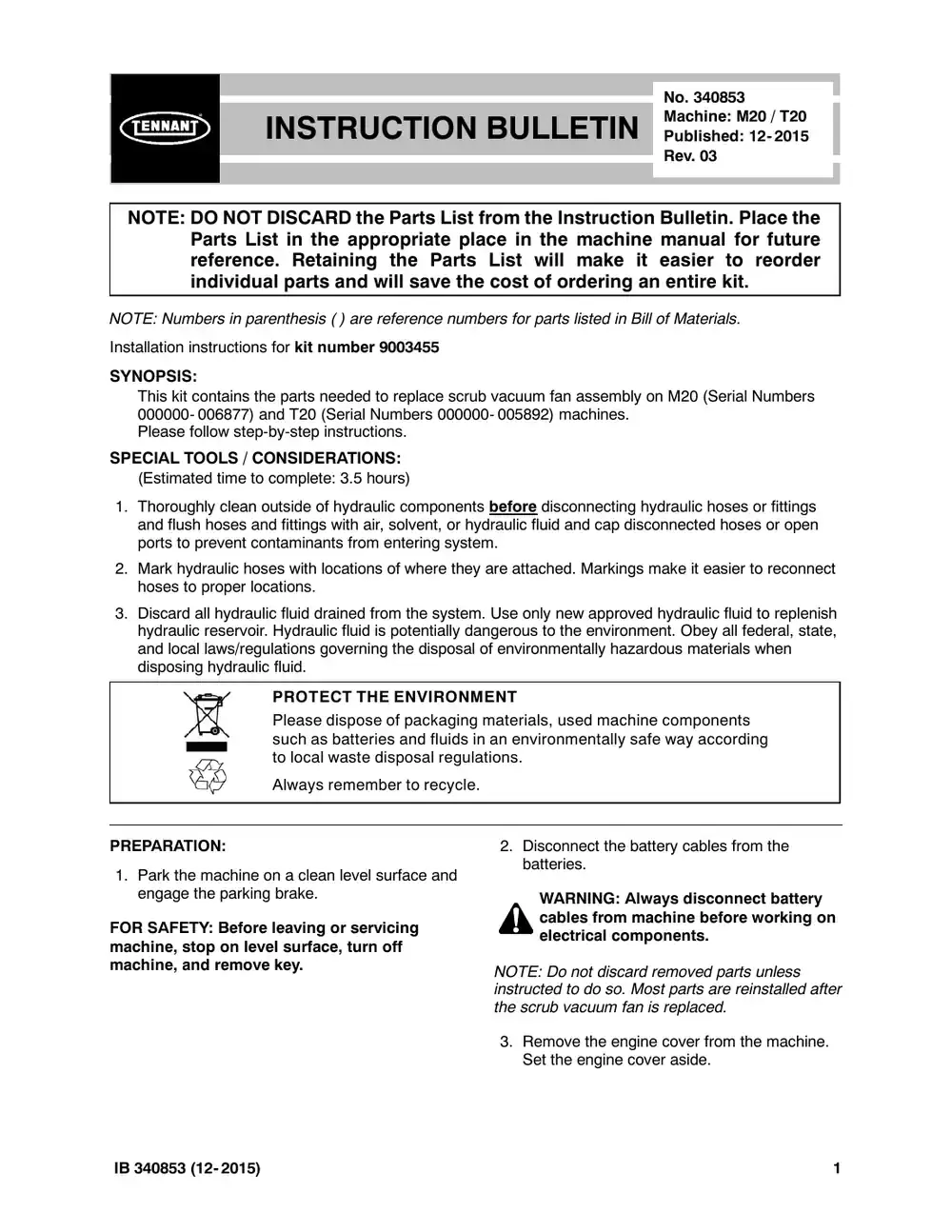 Tennant M20 instruction bulletin 340853, page 1 of 7