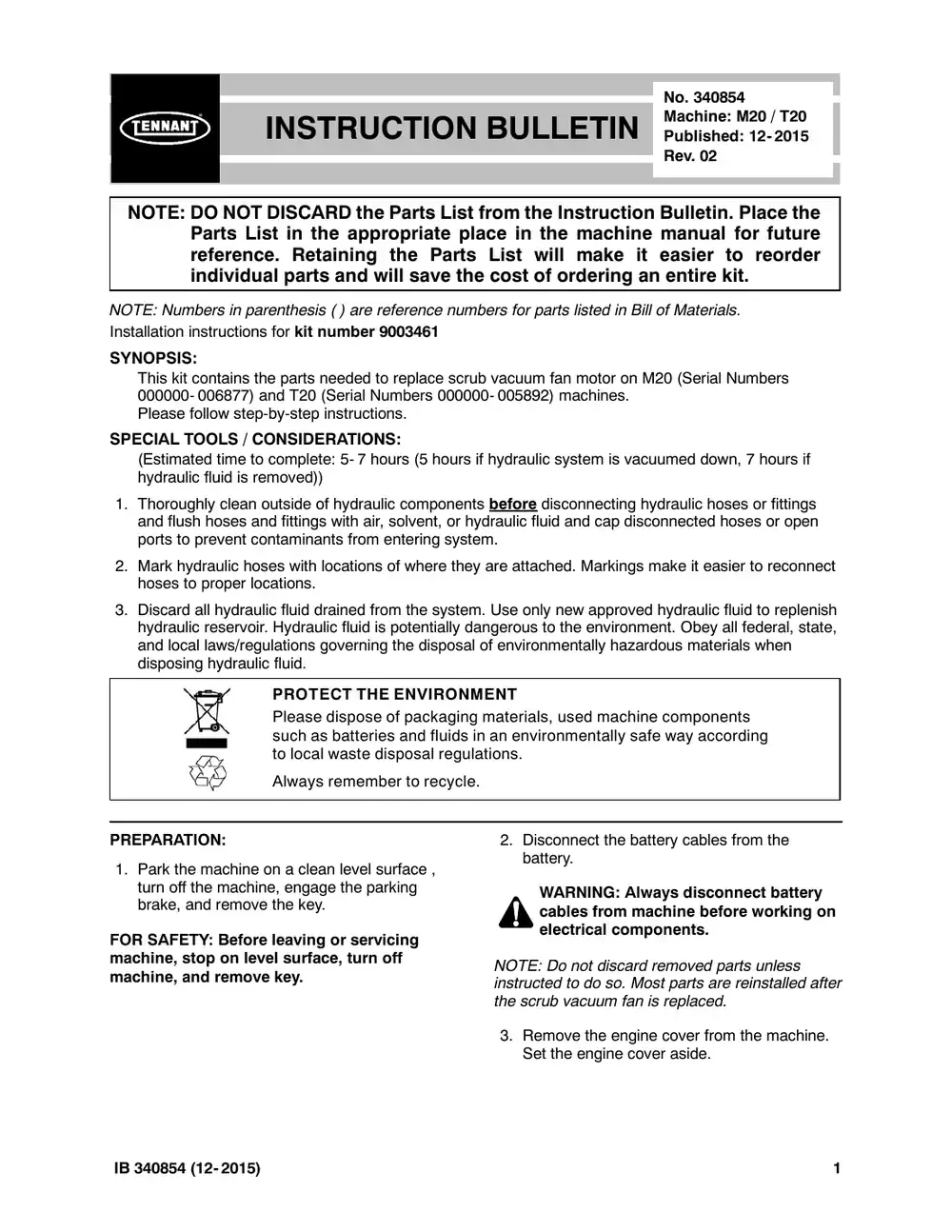 Tennant M20 instruction bulletin 340854, page 1 of 11
