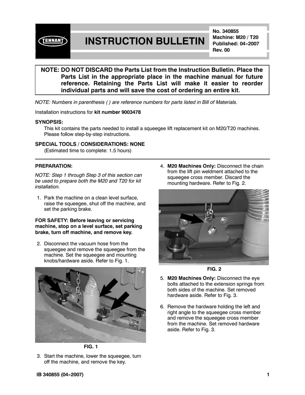 Tennant M20 instruction bulletin 340855, page 1 of 4