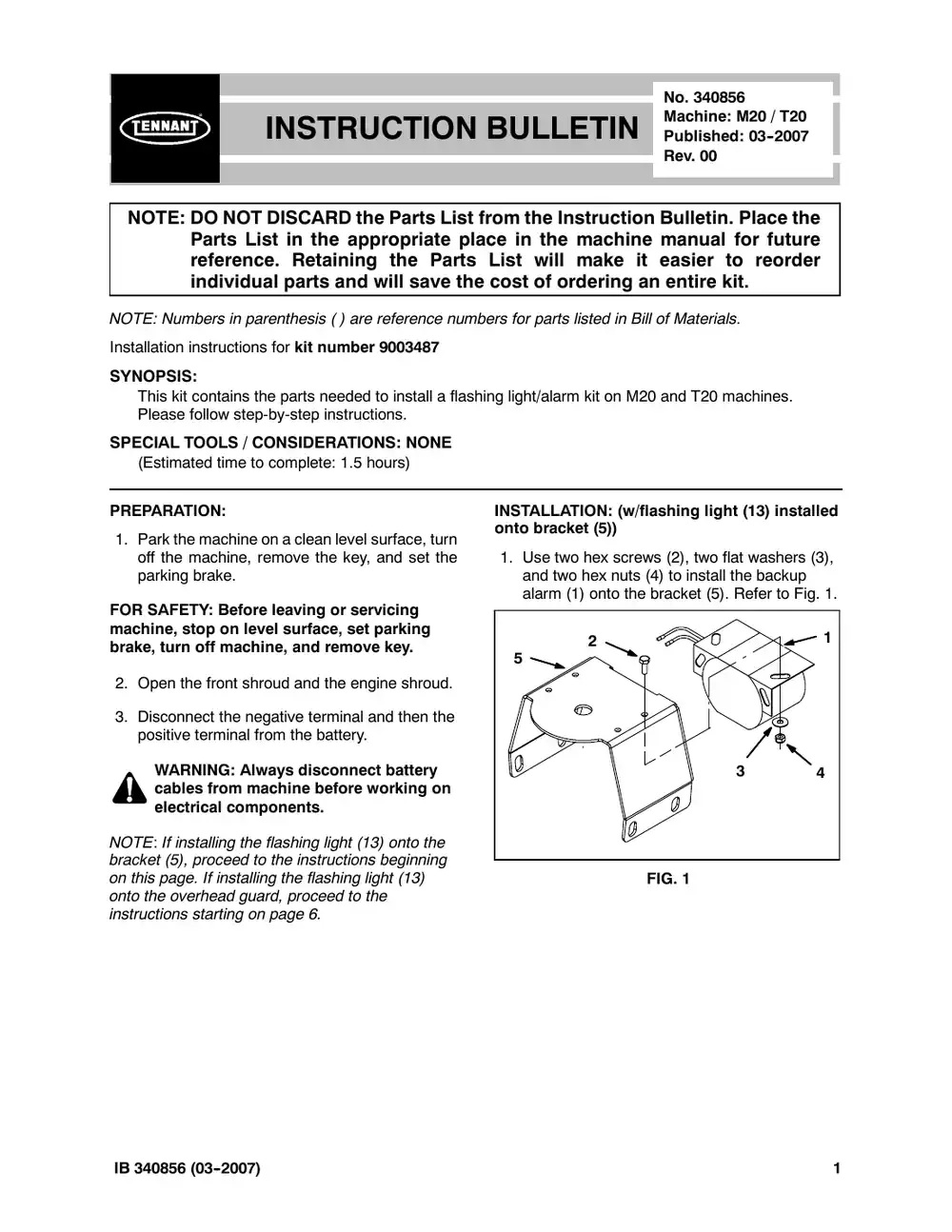 Tennant M20 instruction bulletin 340856, page 1 of 12