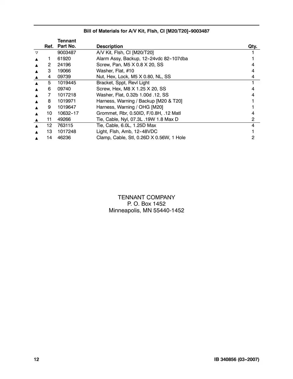 Tennant M20 instruction bulletin 340856, page 12 of 12