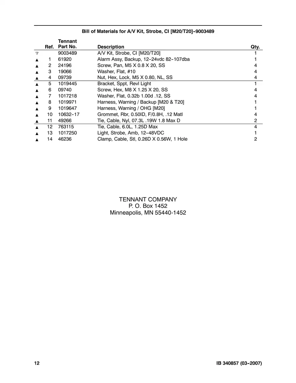 Tennant M20 instruction bulletin 340857, page 12 of 12