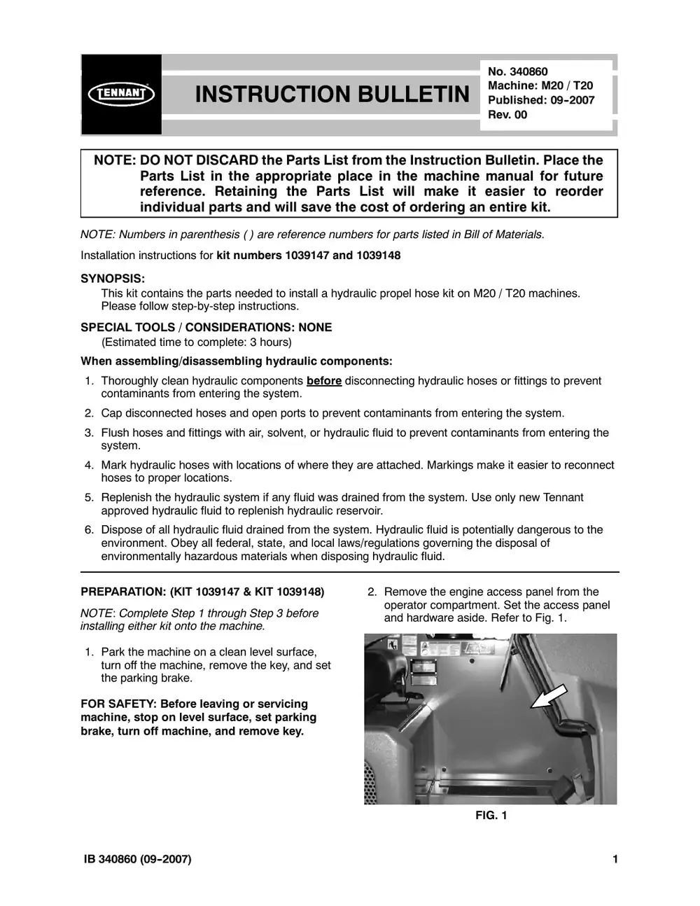 Tennant M20 instruction bulletin 340860, page 1 of 8