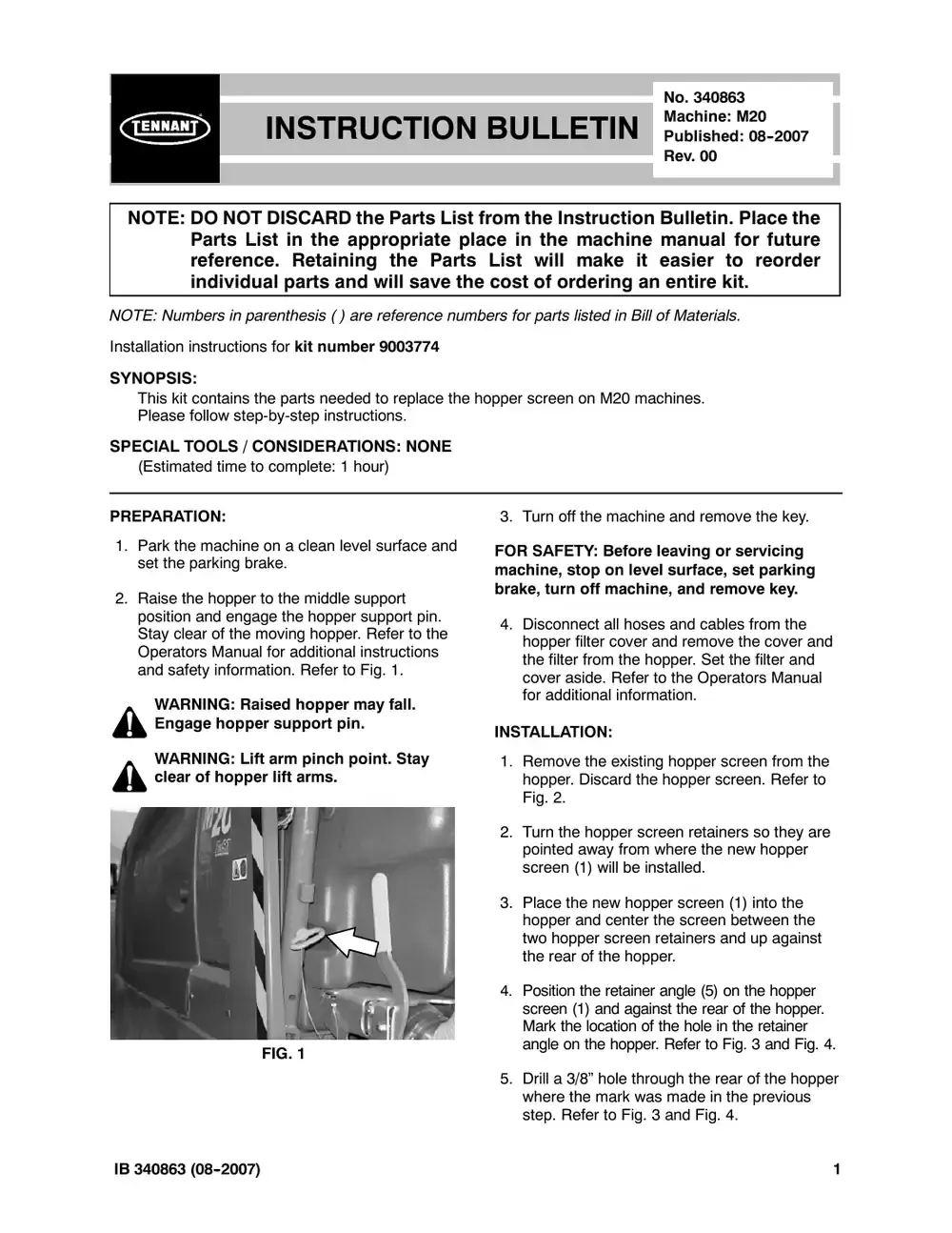 Tennant M20 instruction bulletin 340863, page 1 of 4