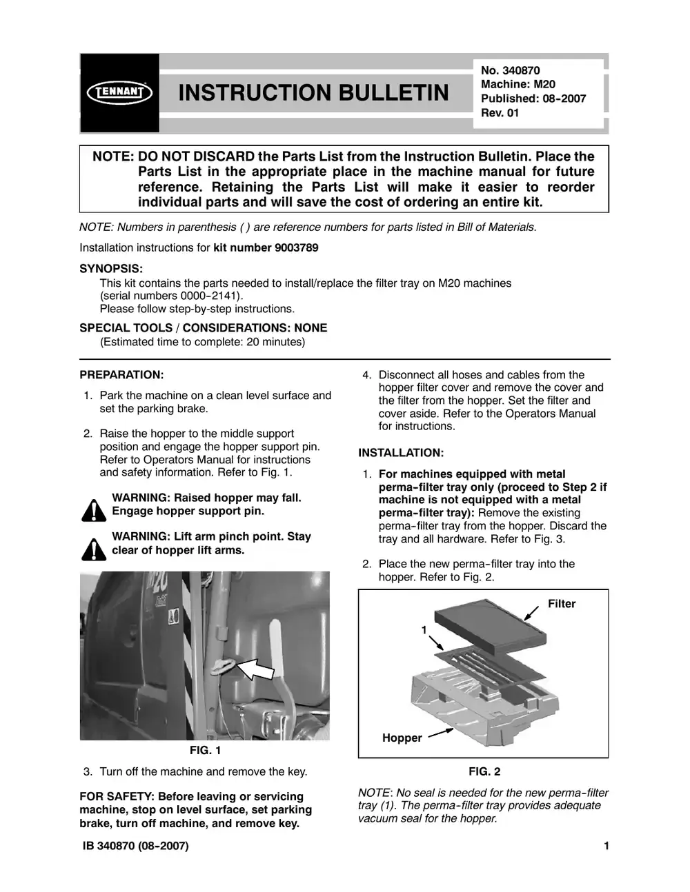 Tennant M20 instruction bulletin 340870, page 1 of 2