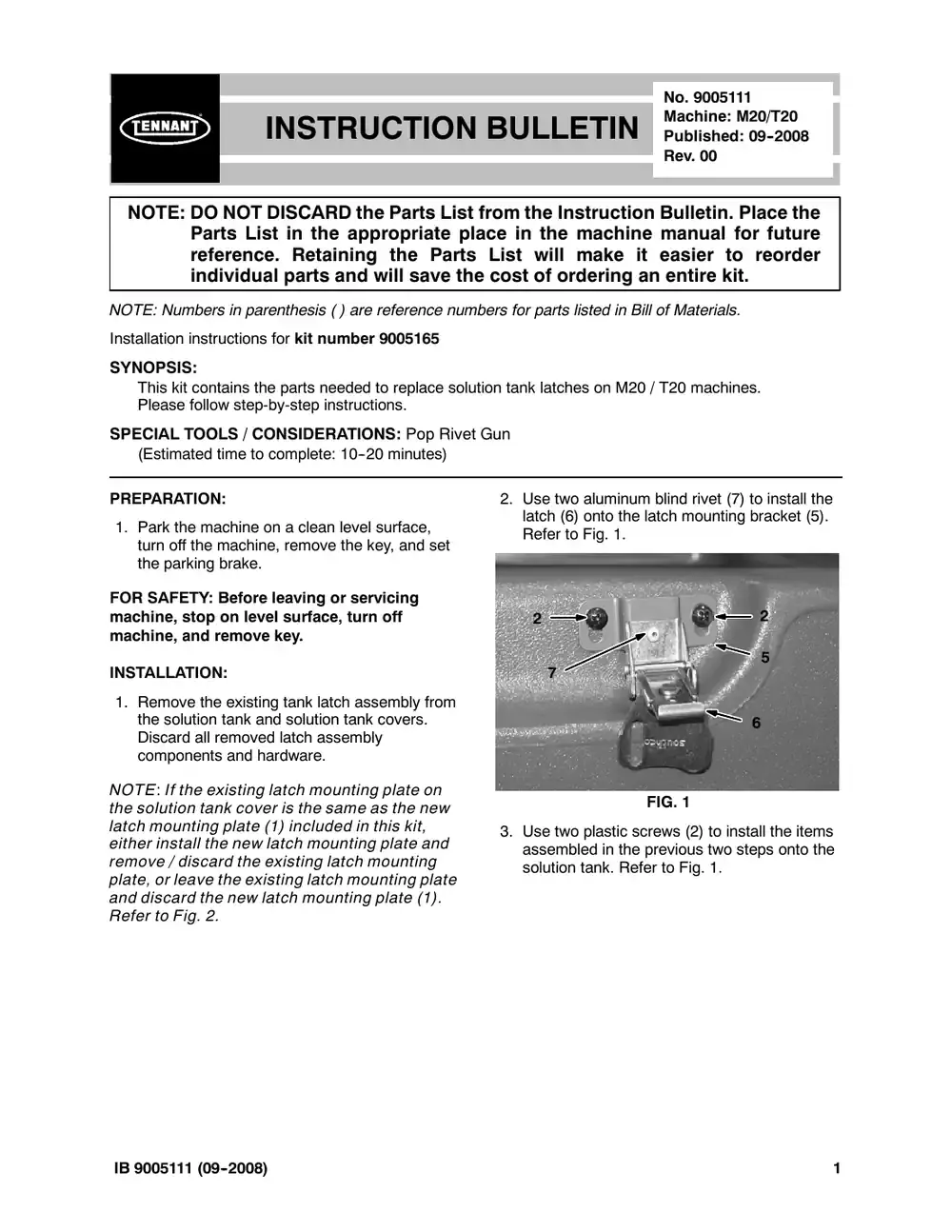 Tennant M20 instruction bulletin 9005111, page 1 of 2