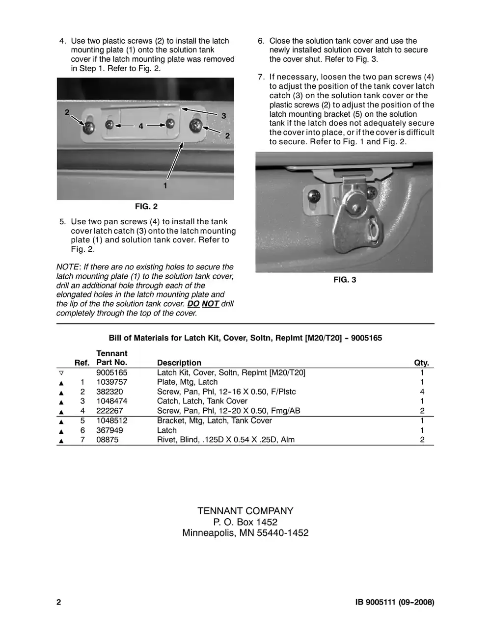 Tennant M20 instruction bulletin 9005111, page 2 of 2