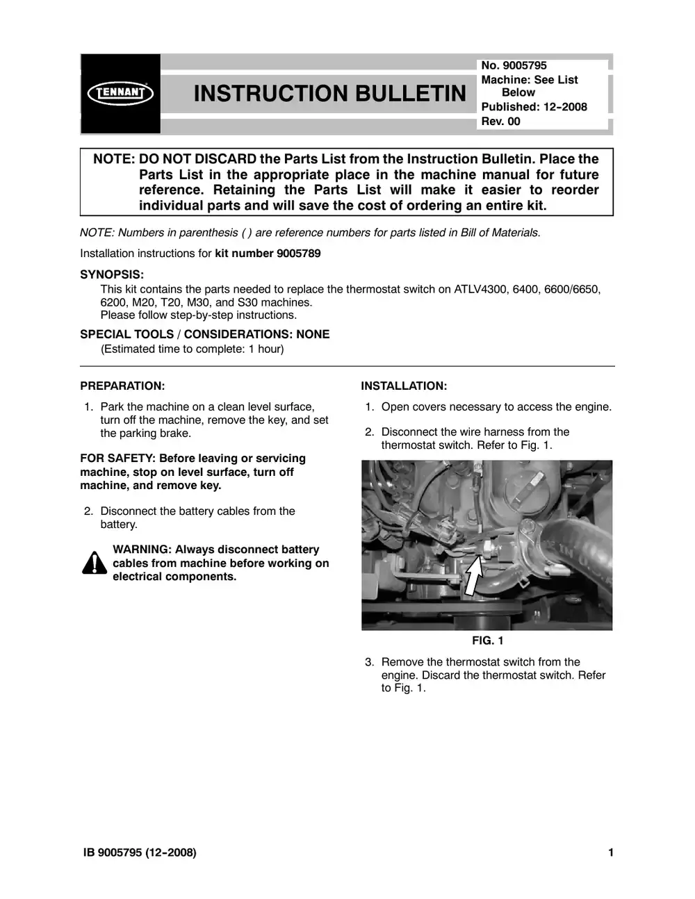 Tennant M20 instruction bulletin 9005795, page 1 of 2