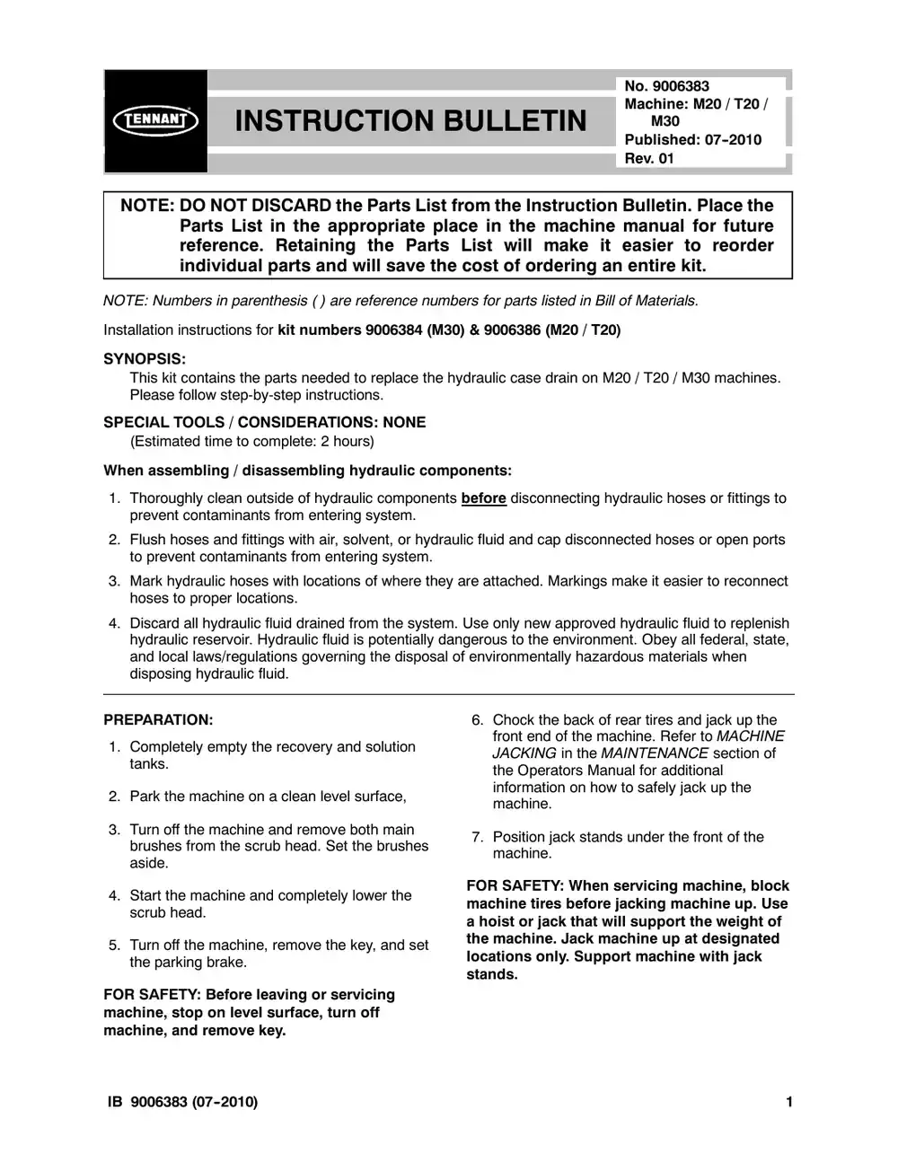 Tennant M20 instruction bulletin 9006383, page 1 of 4