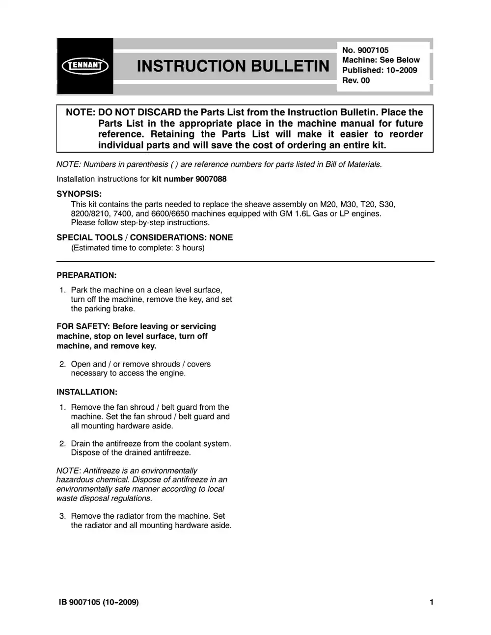 Tennant M20 instruction bulletin 9007105, page 1 of 4