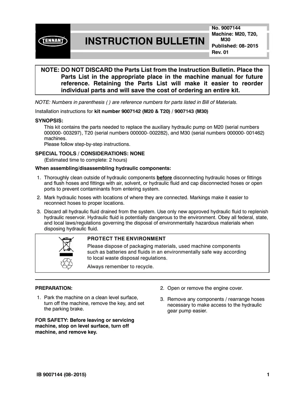 Tennant M20 instruction bulletin 9007144, page 1 of 4