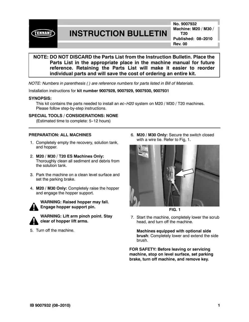 Tennant M20 instruction bulletin 9007932, page 1 of 72
