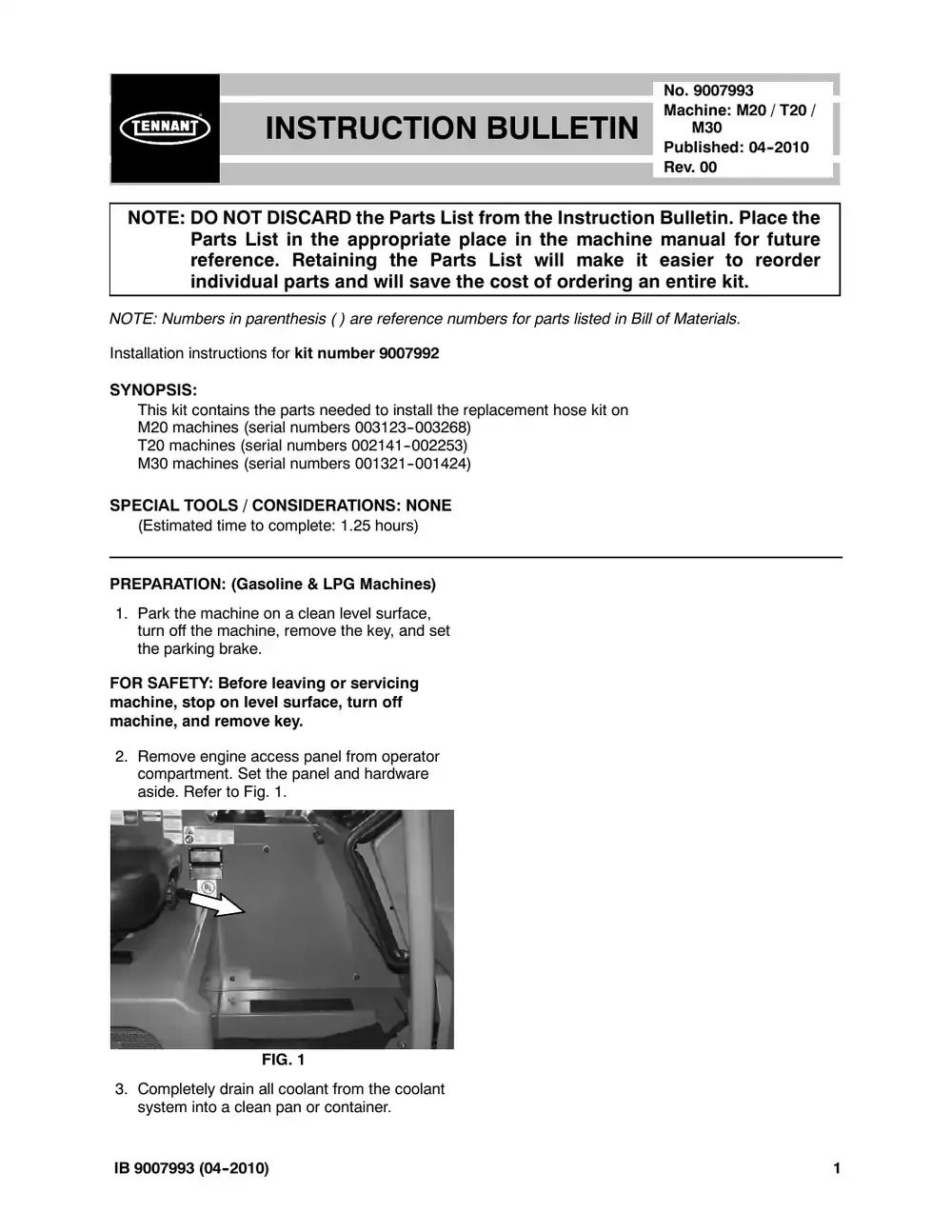 Tennant M20 instruction bulletin 9007993, page 1 of 6