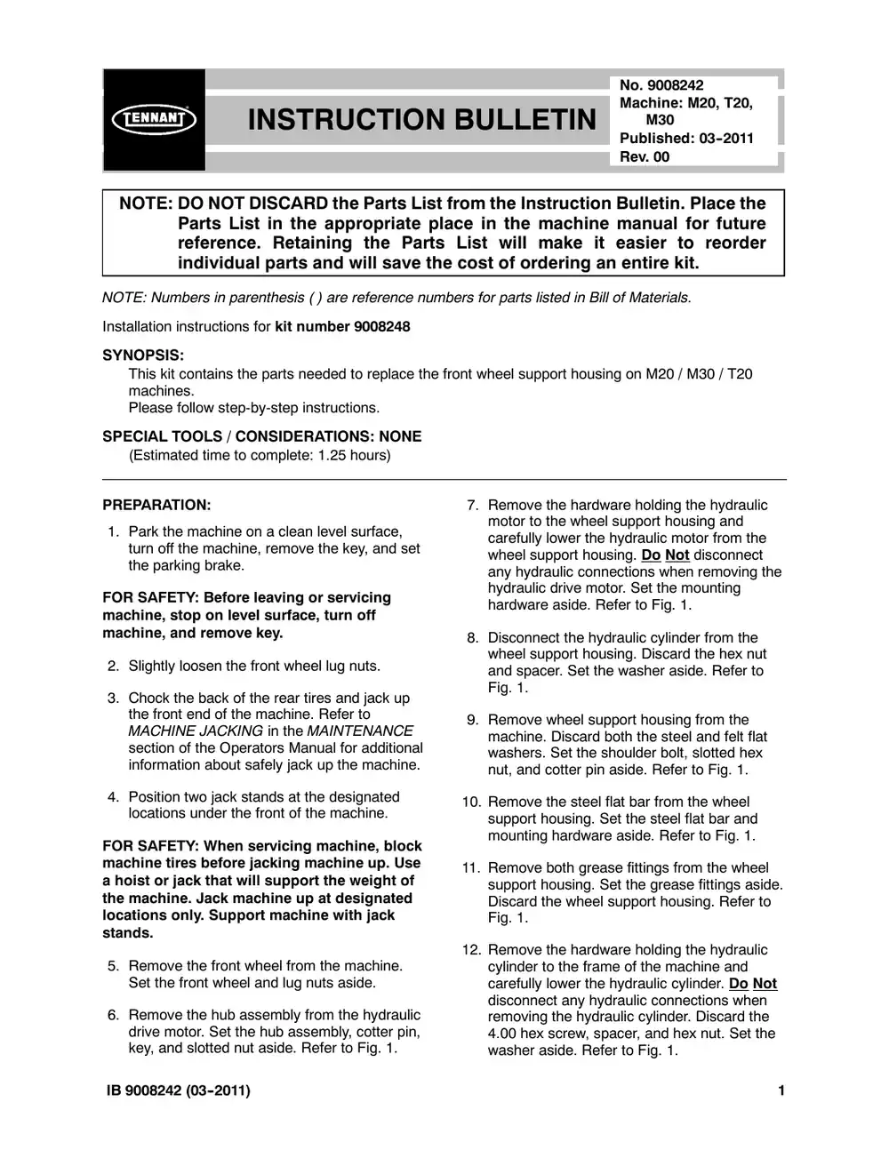 Tennant M20 instruction bulletin 9008242, page 1 of 3