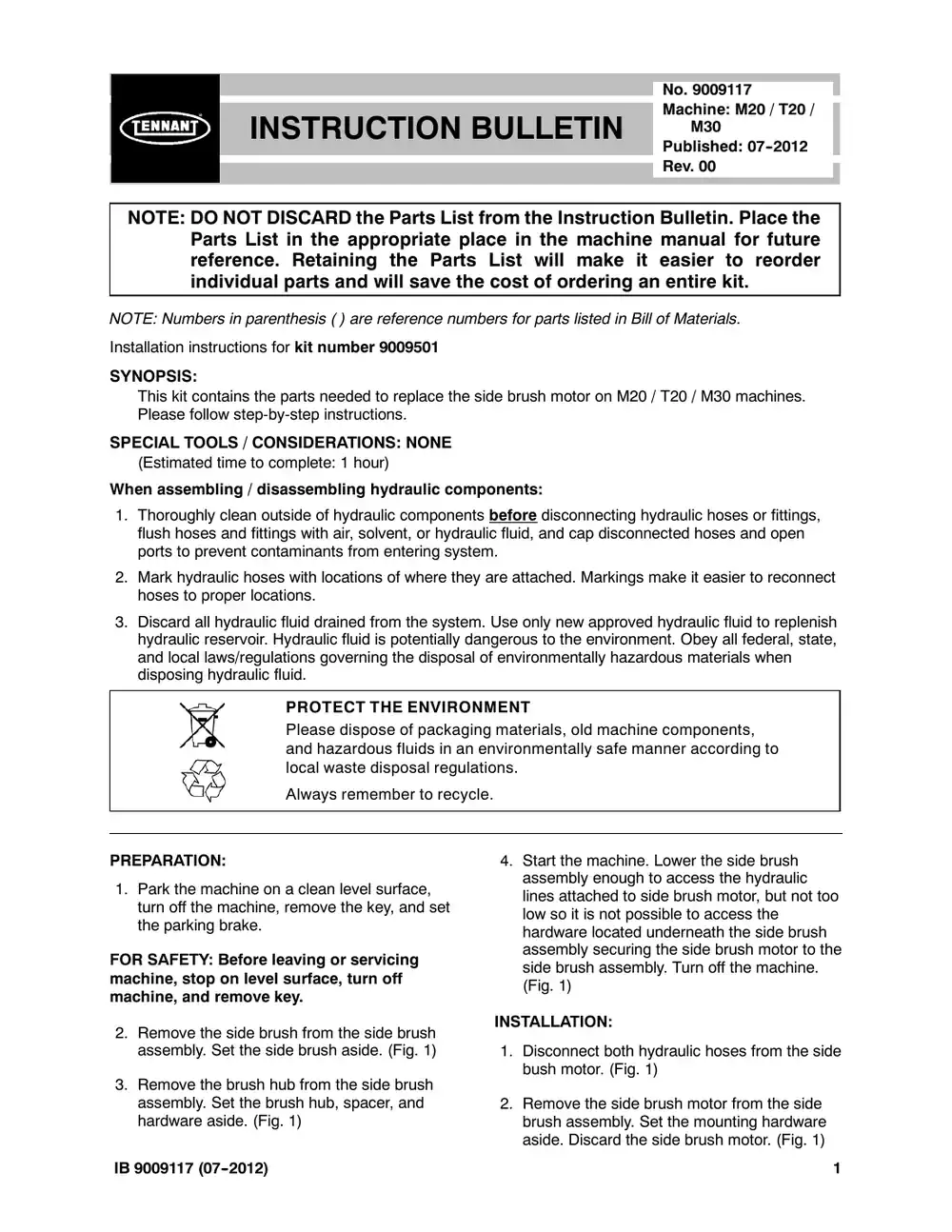 Tennant M20 instruction bulletin 9009117, page 1 of 2