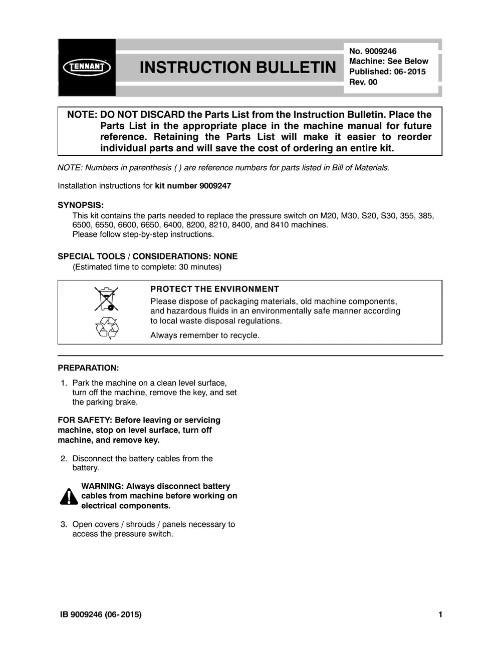 Tennant M20 instruction bulletin 9009246, page 1 of 5