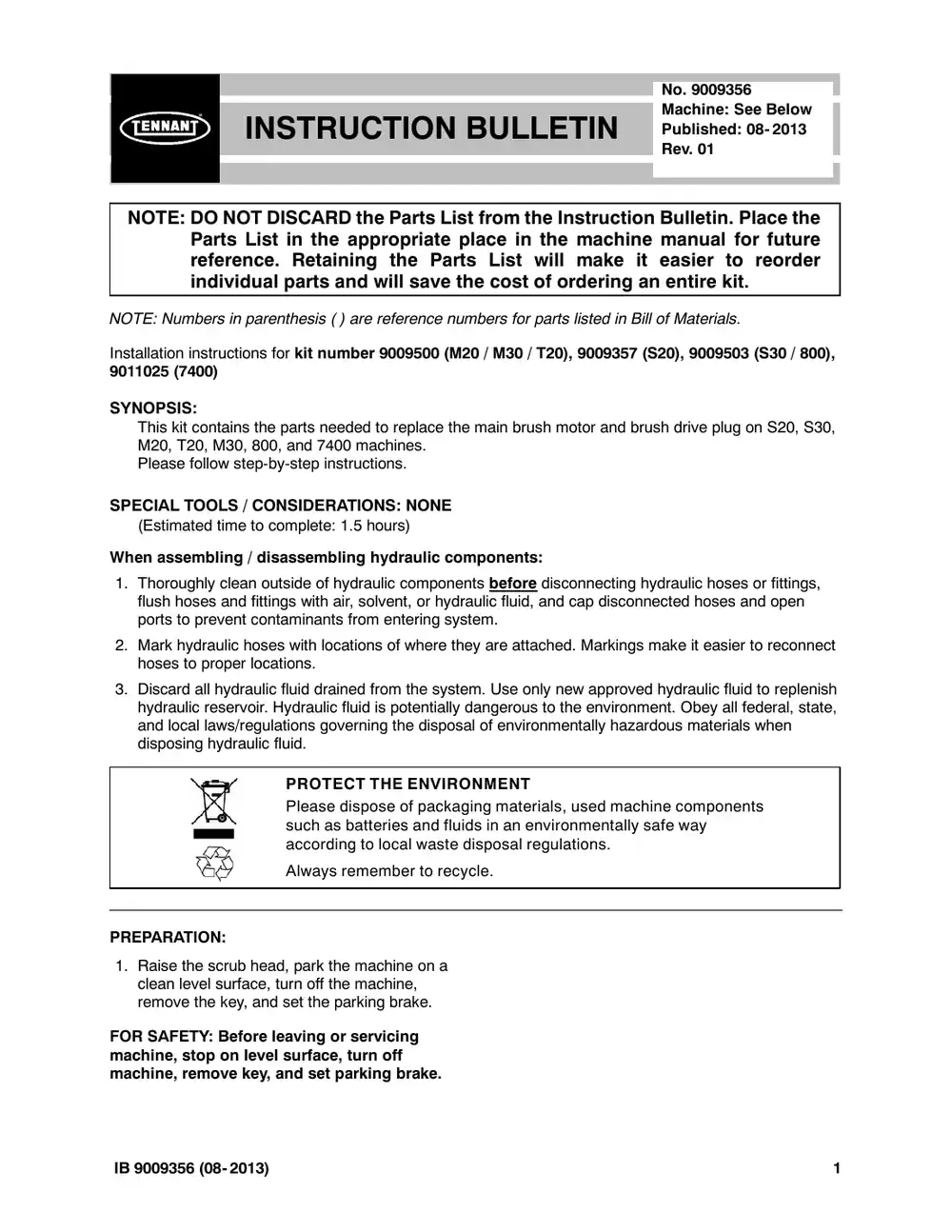 Tennant M20 instruction bulletin 9009356, page 1 of 8