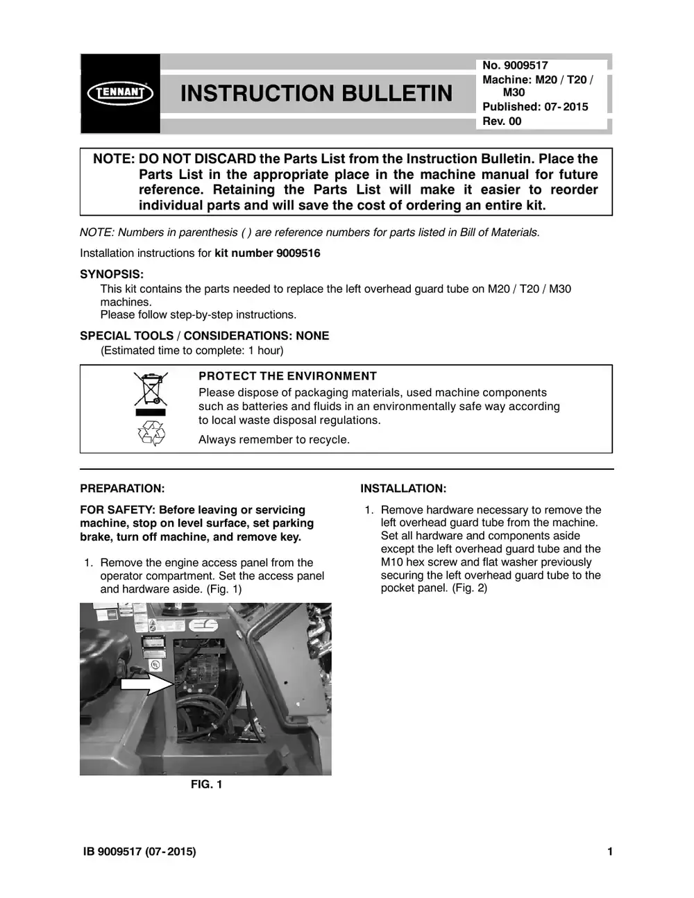 Tennant M20 instruction bulletin 9009517, page 1 of 4