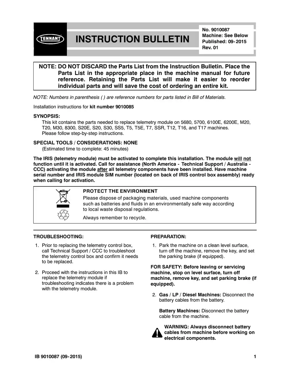 Tennant M20 instruction bulletin 9010087, page 1 of 3
