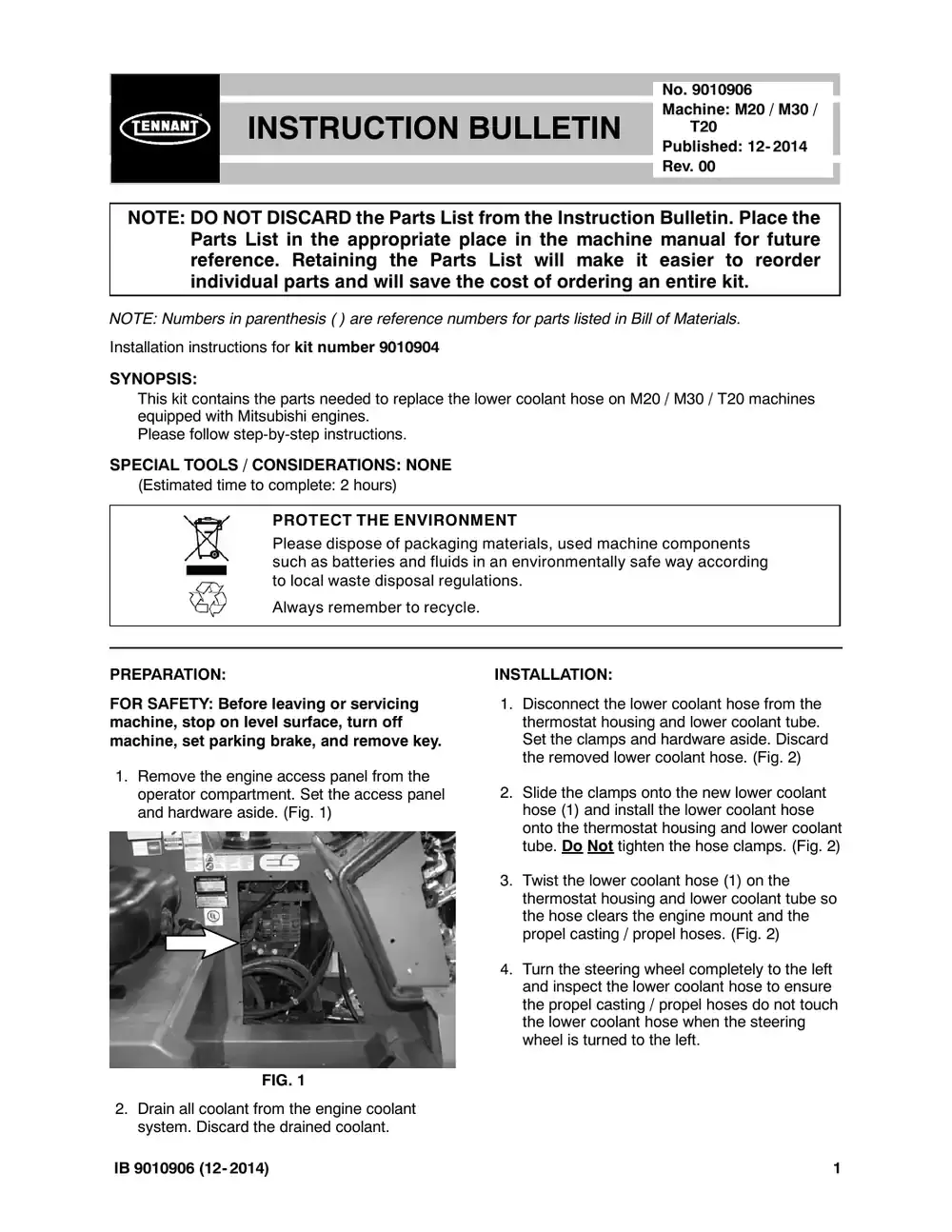 Tennant M20 instruction bulletin 9010906, page 1 of 3
