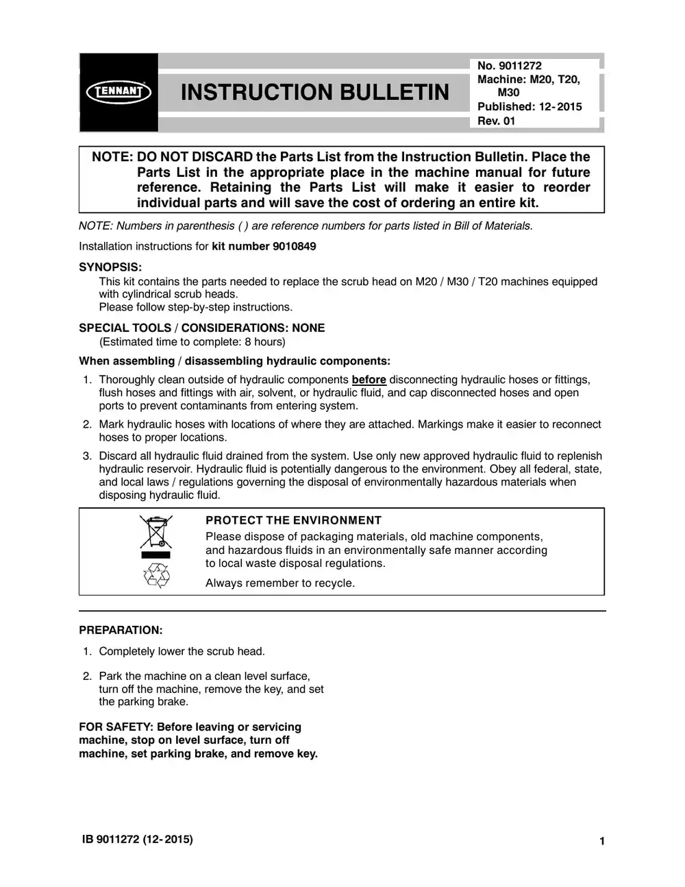 Tennant M20 instruction bulletin 9011272, page 1 of 11