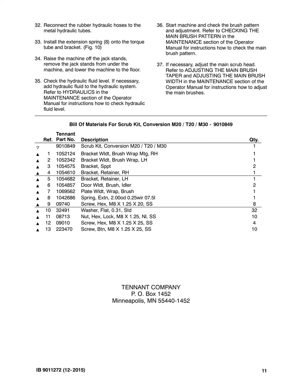Tennant M20 instruction bulletin 9011272, page 11 of 11