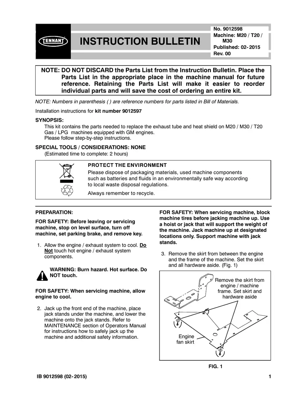 Tennant M20 instruction bulletin 9012598, page 1 of 5