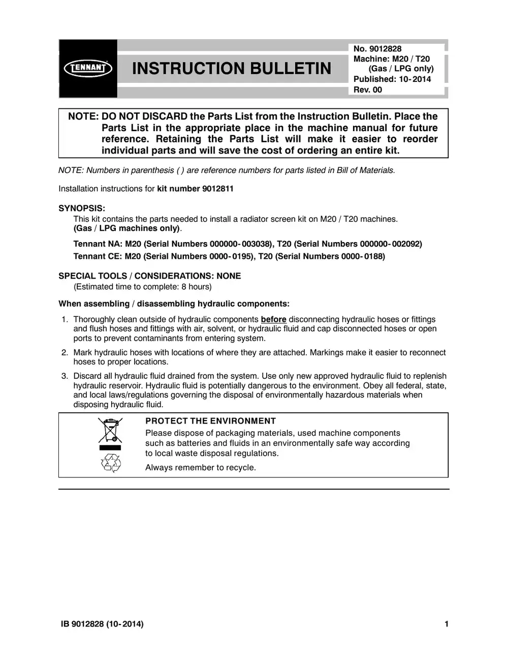 Tennant M20 instruction bulletin 9012828, page 1 of 14