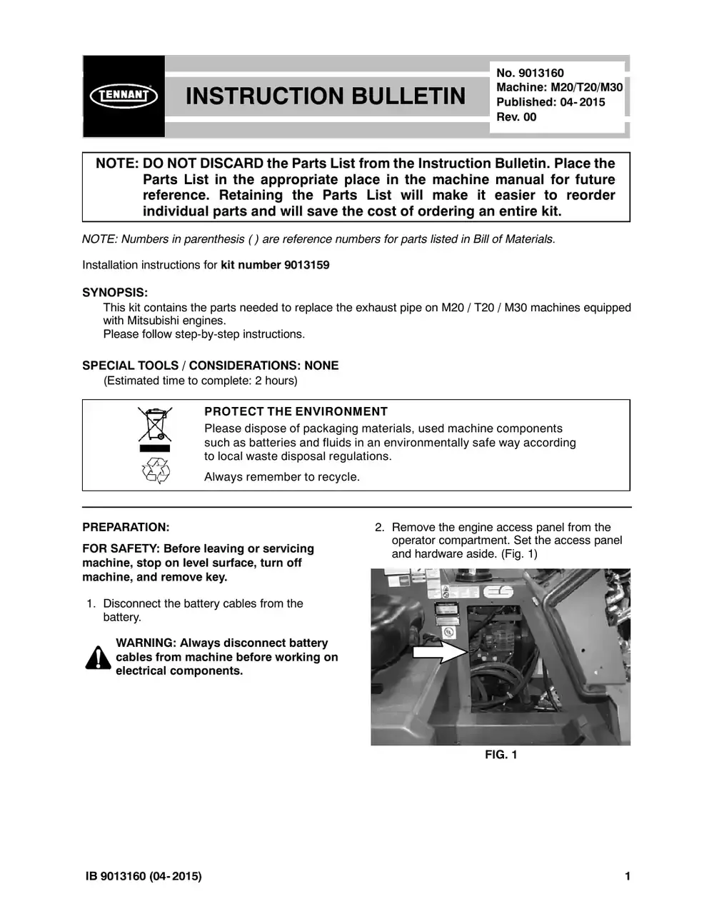 Tennant M20 instruction bulletin 9013160, page 1 of 4
