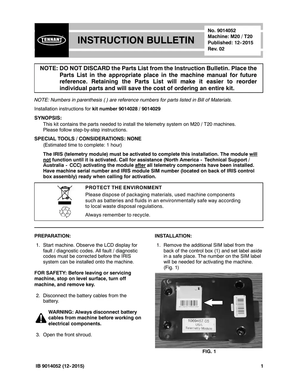 Tennant M20 instruction bulletin 9014052, page 1 of 12