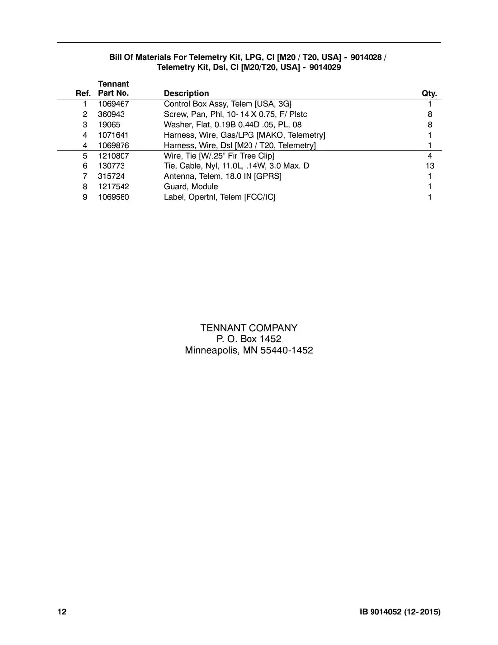 Tennant M20 instruction bulletin 9014052, page 12 of 12