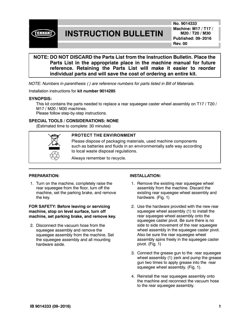 Tennant M20 instruction bulletin 9014333, page 1 of 2