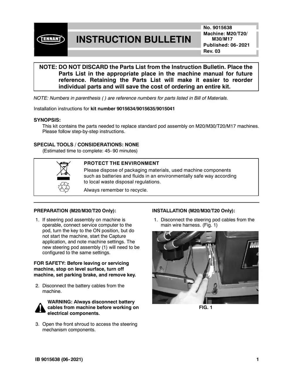 Tennant M20 instruction bulletin 9015638, page 1 of 13
