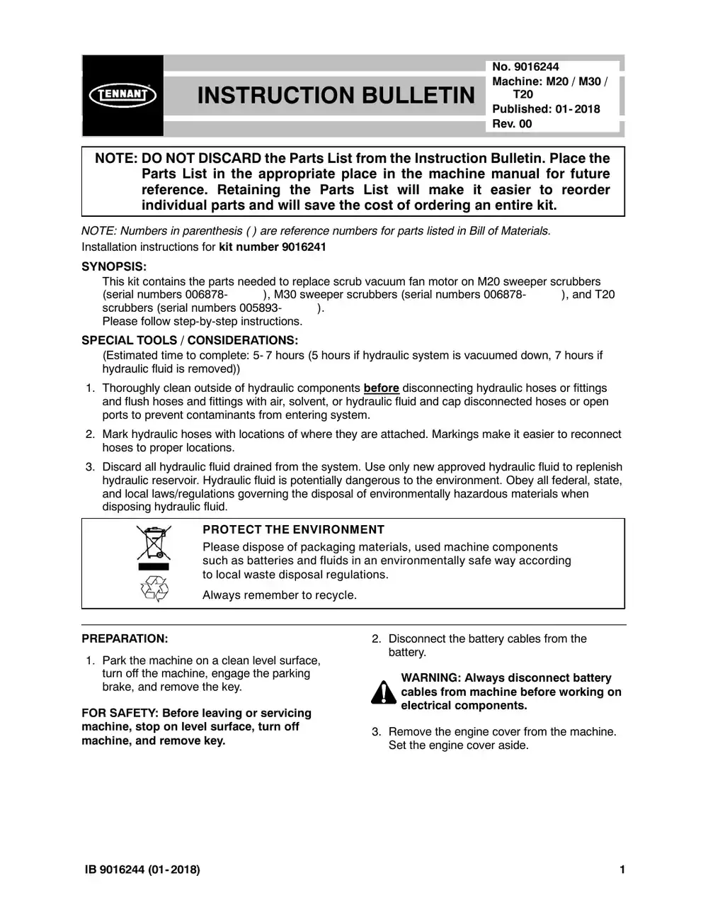 Tennant M20 instruction bulletin 9016244, page 1 of 8
