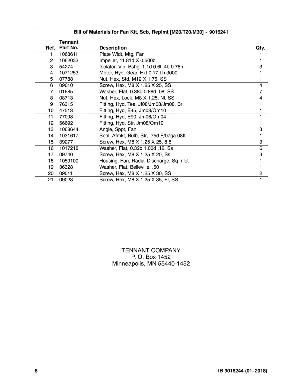 Tennant M20 instruction bulletin 9016244, page 8 of 8